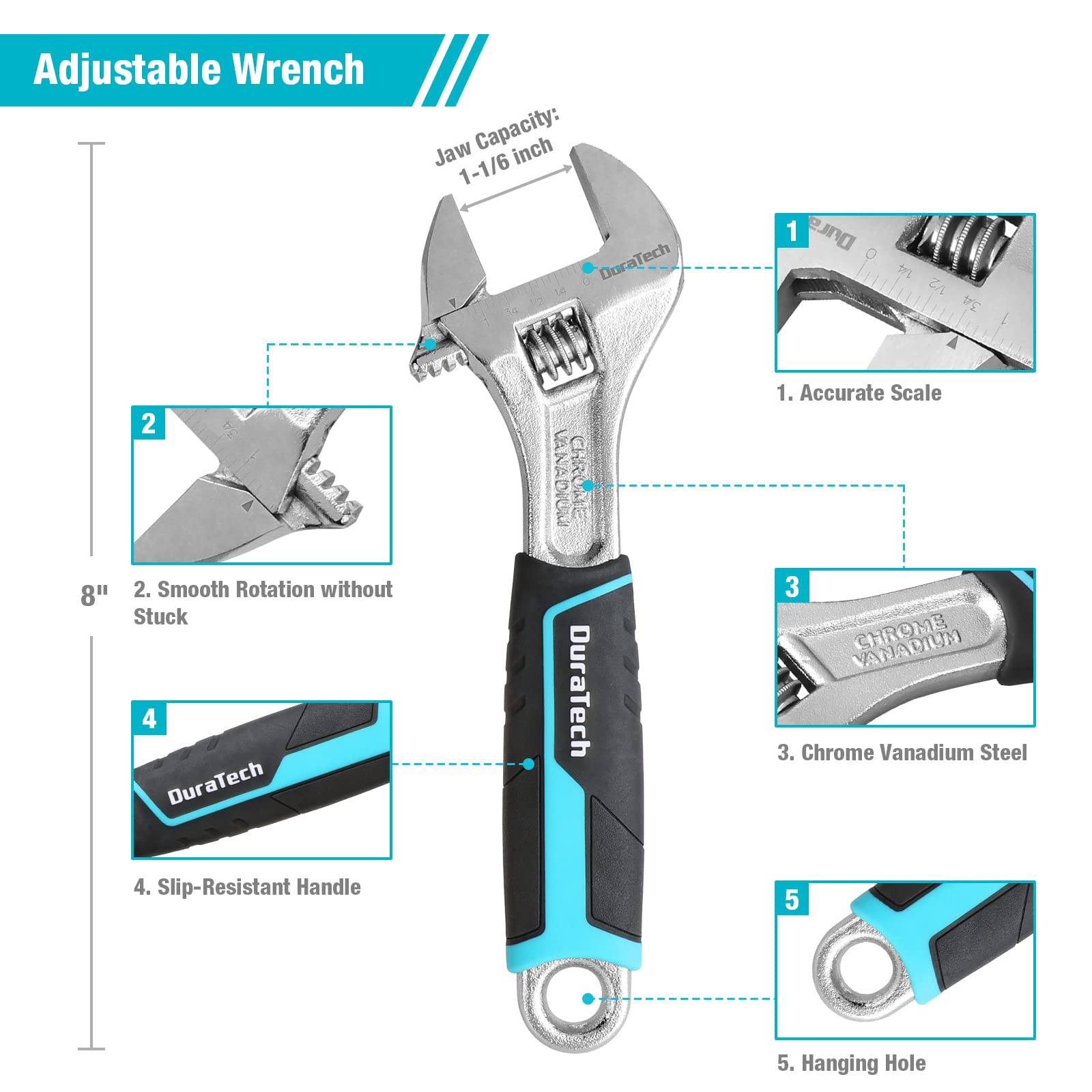 DURATECH 8-inch adjustable wrench for quick, snug fastenings.
