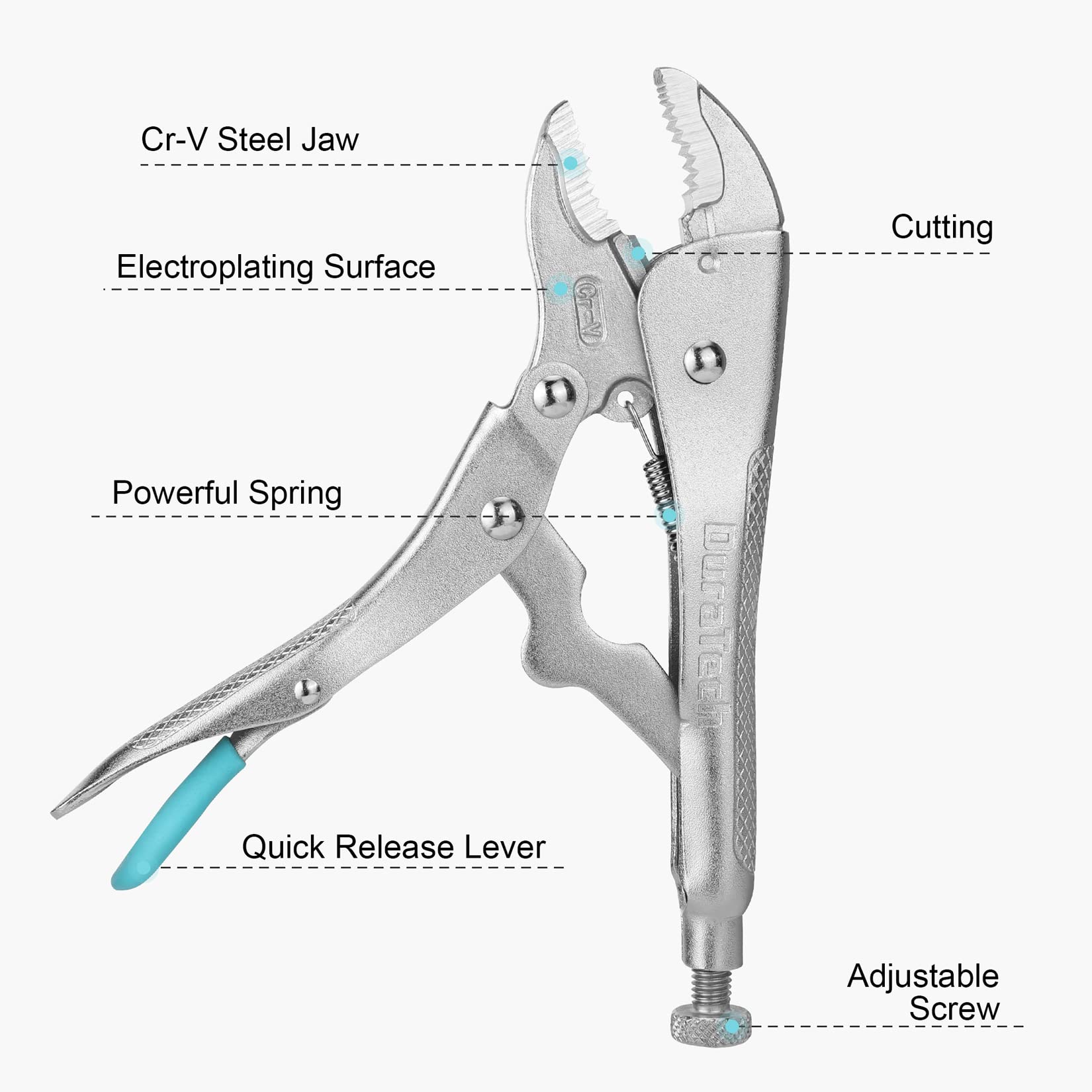 Duratech 9-1/2-inch long nose locking pliers extend reach for hard-to-reach tasks.