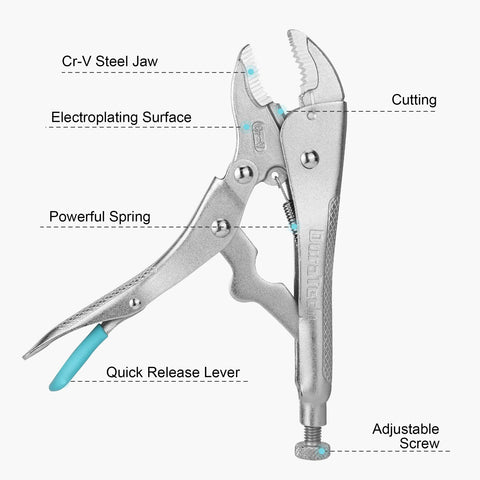 Duratech 9-1/2-inch long nose locking pliers extend reach for hard-to-reach tasks.