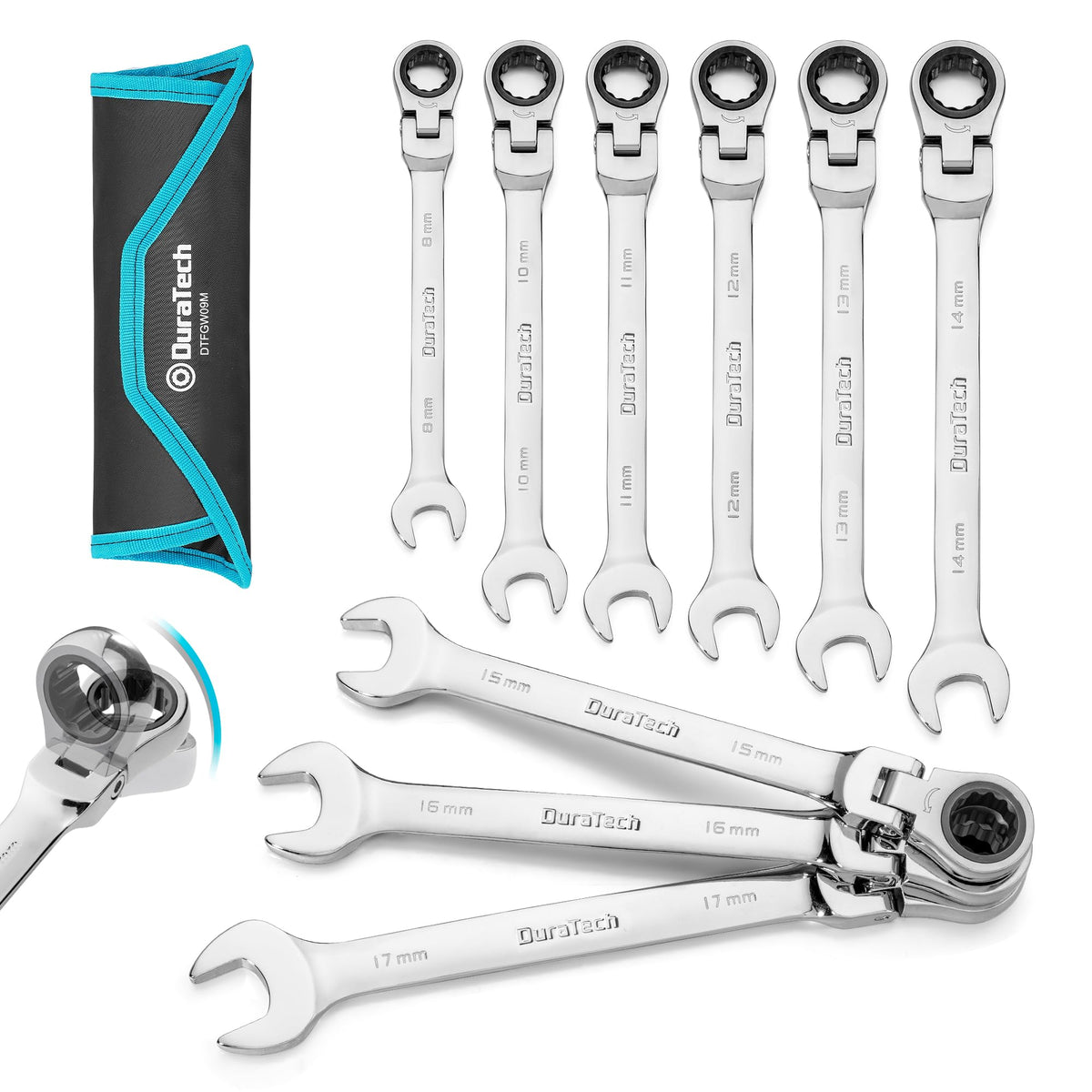 DURATECH 9-piece flex-head ratcheting wrench set with versatile reach for tight spaces.