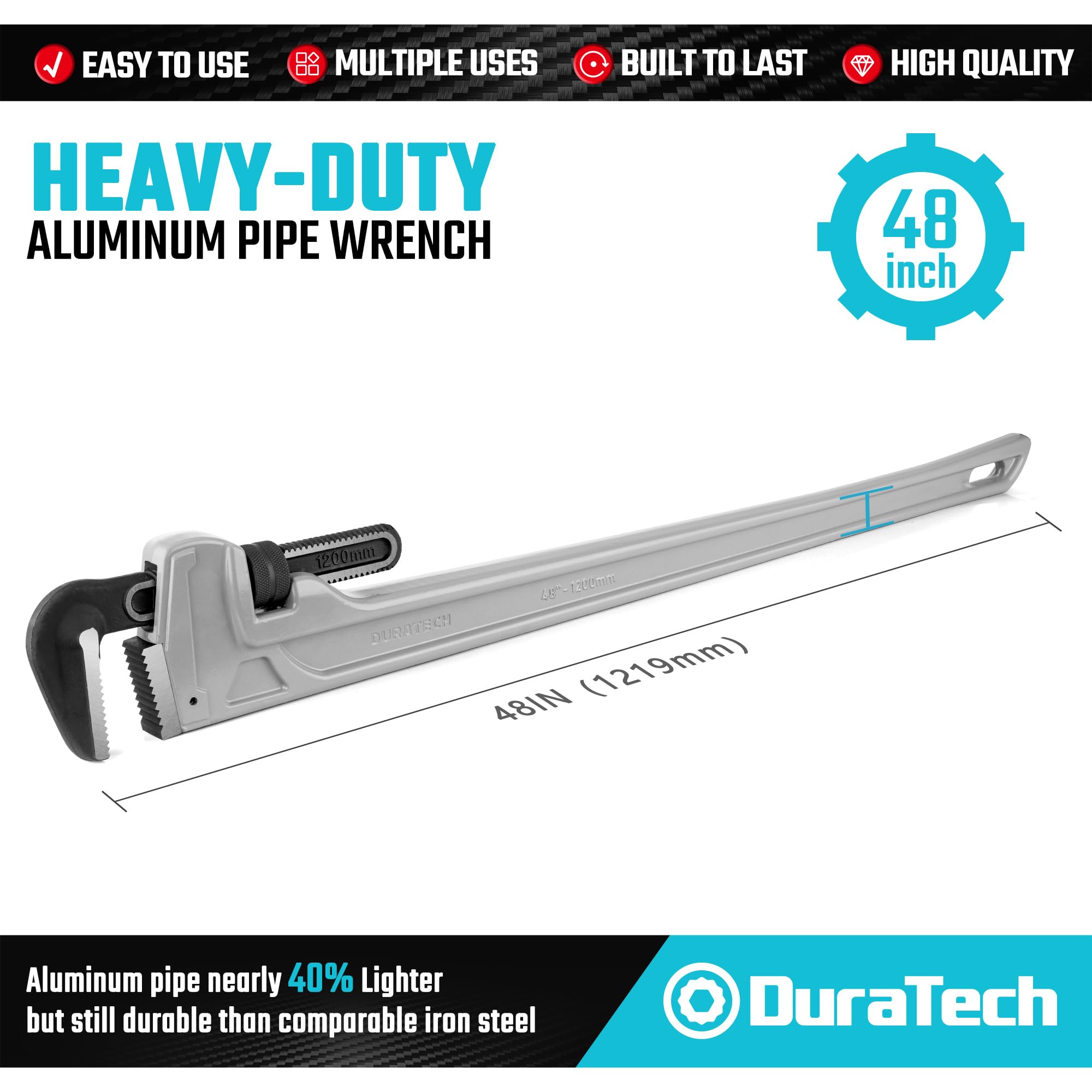 DURATECH wrench shows robust jaw assembly for tough pipes.