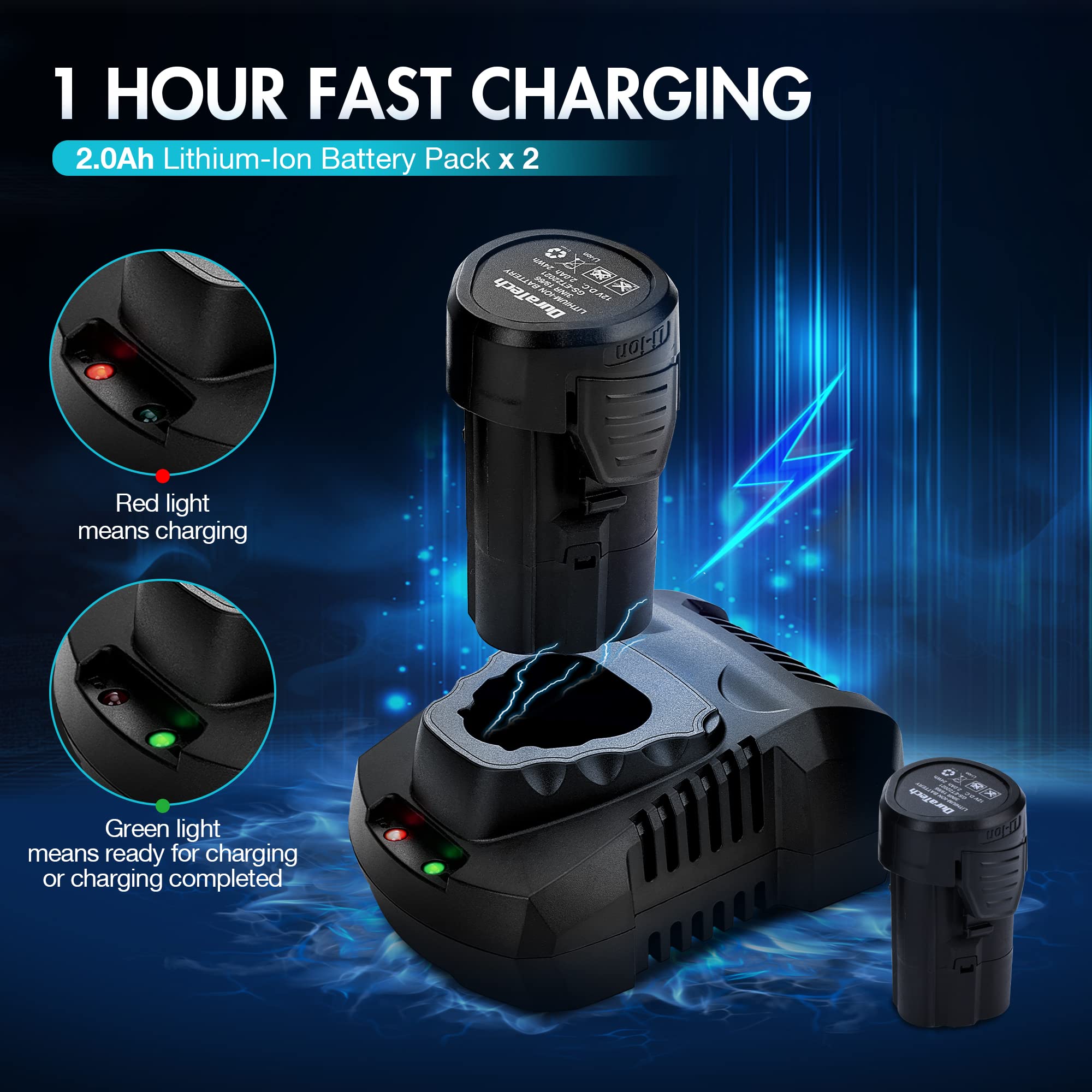 Duratech dual 2.0Ah batteries and fast charger ensure quick reloads.