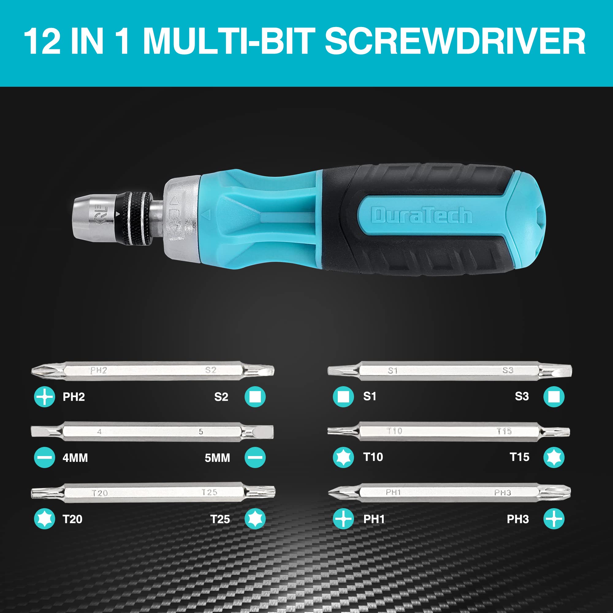 Ergonomic handle stores six bits to prevent loss and improve portability
