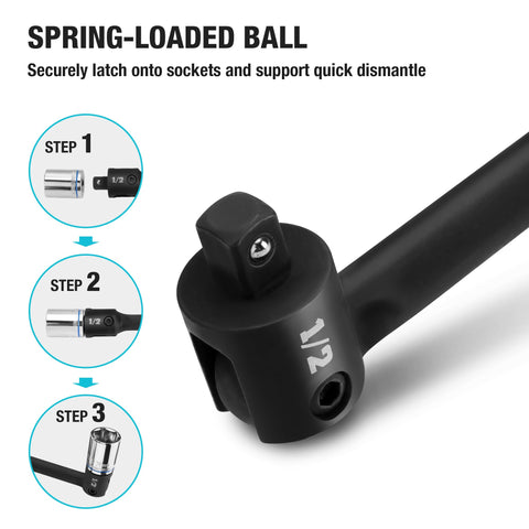 Long reach design helps loosen stubborn bolts and lug nuts.