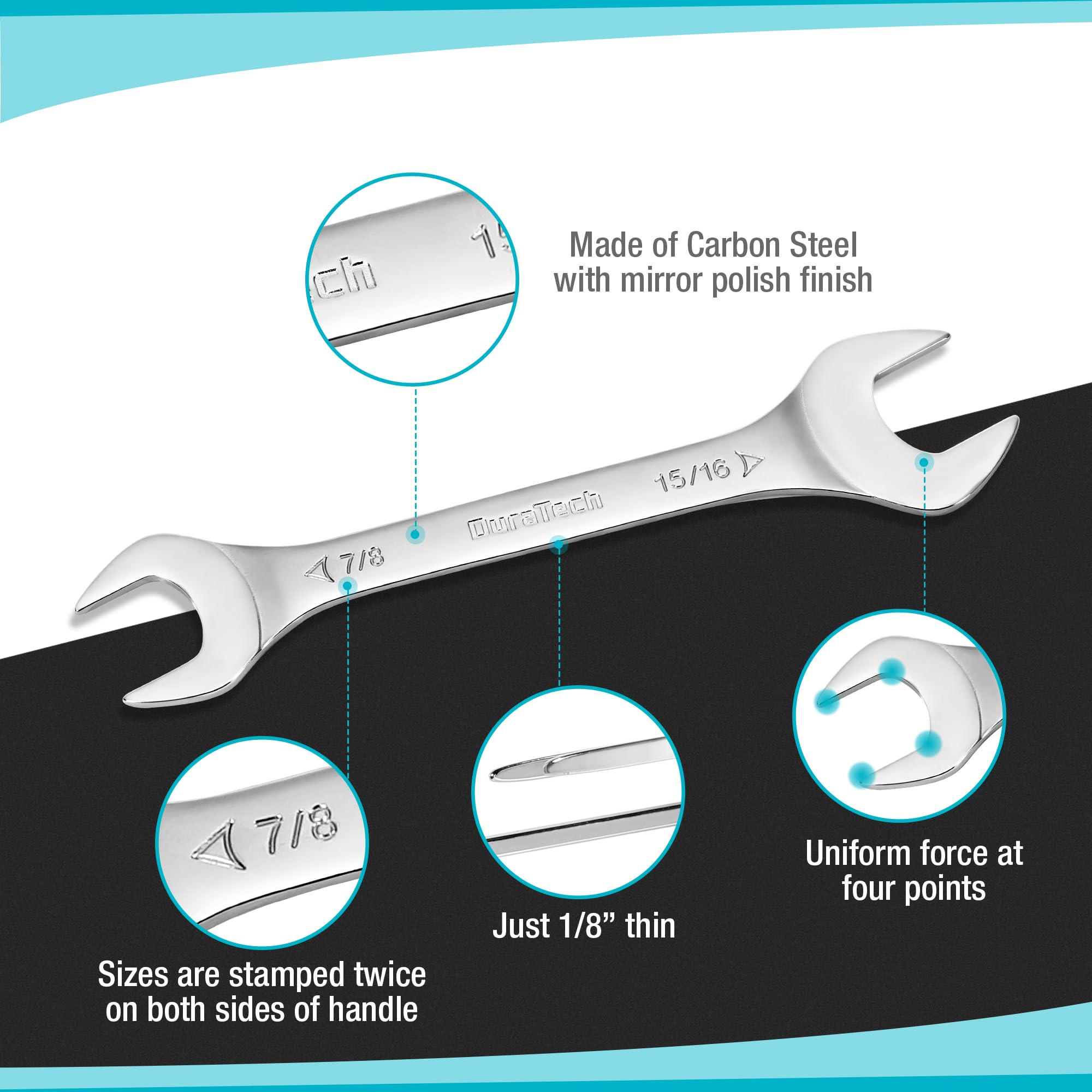 DURATECH carbon steel wrenches with mirror polish resist rust and last longer.