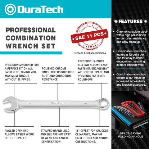 DURATECH chrome-vanadium steel wrenches with polished finish for durability