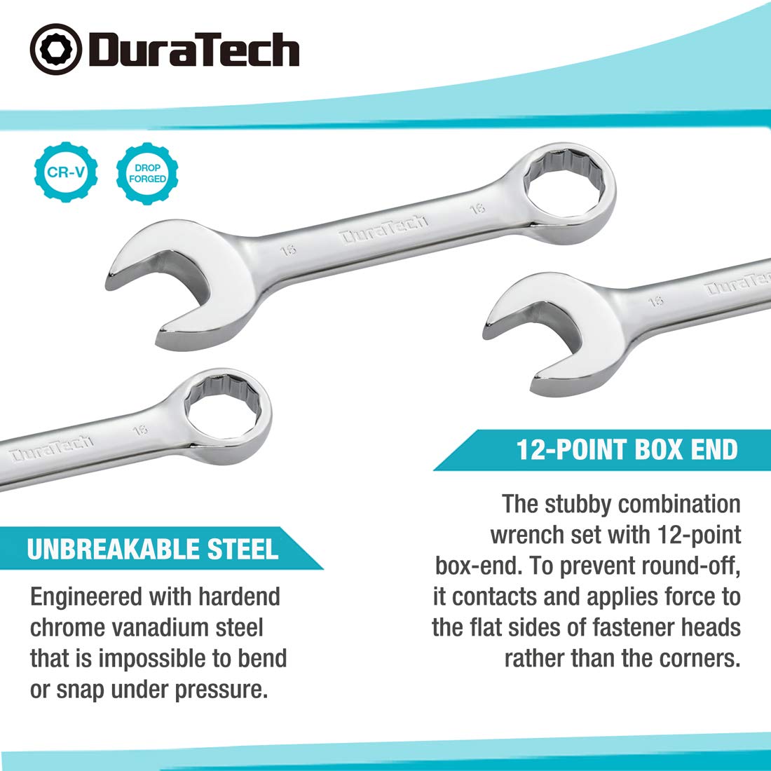 DURATECH chrome vanadium steel with mirror polish finish for rust resistance.