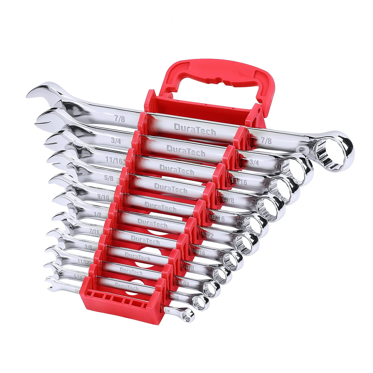 DURATECH combination wrench set from 1/4 to 7/8 inches in a compact holder for easy access