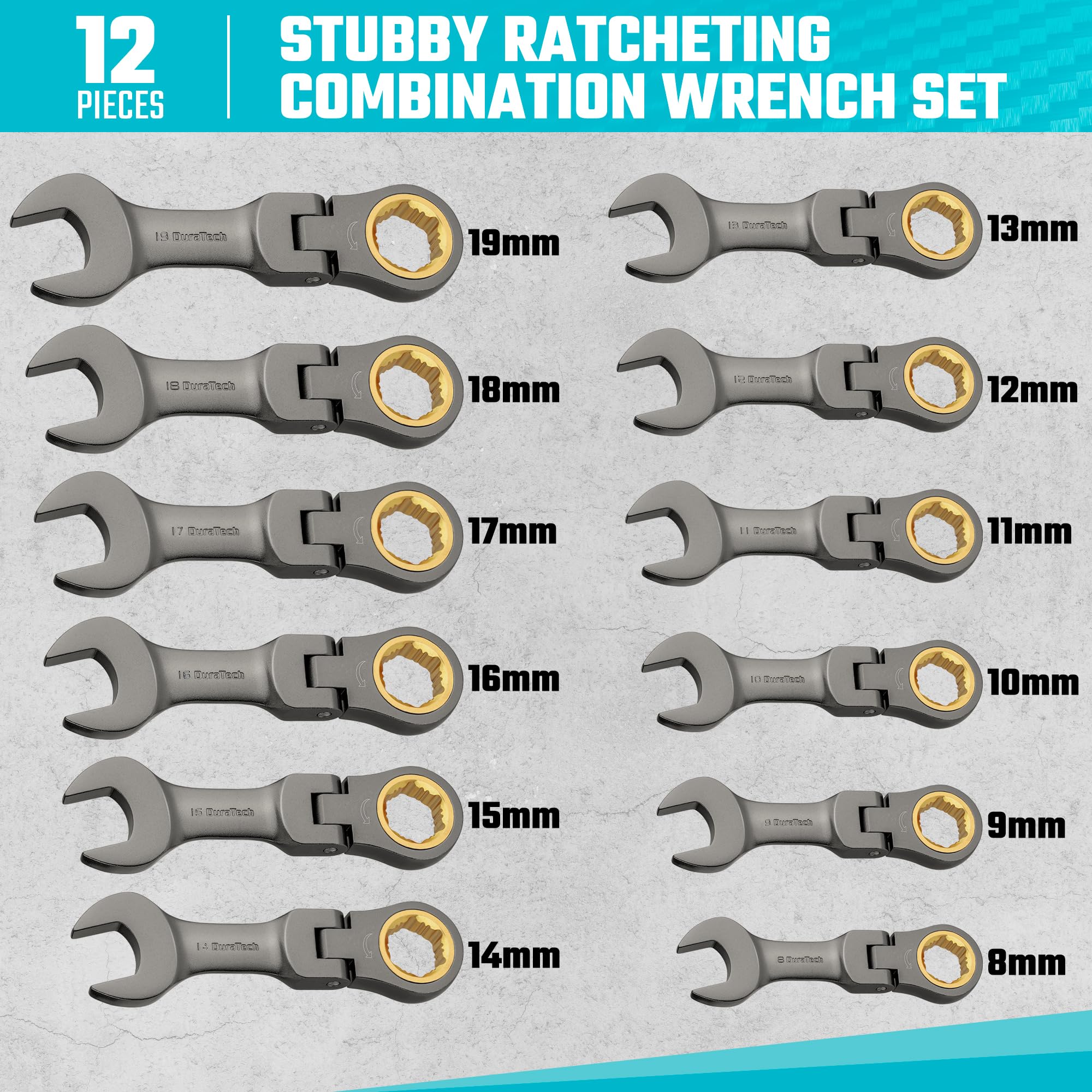 DURATECH compact stubby wrenches 8-19 mm ideal for cramped engine bays and quick jobs.