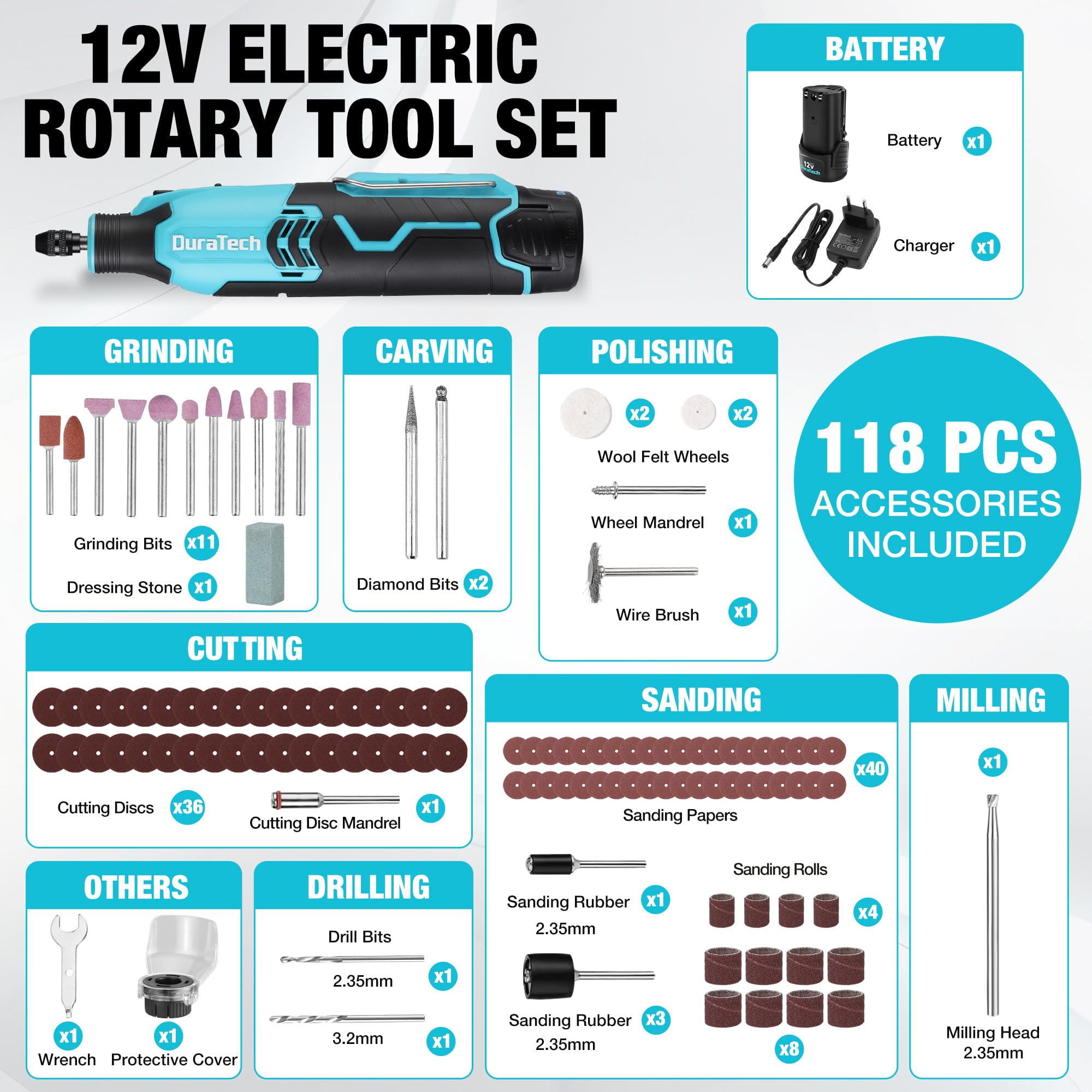 DURATECH cordless rotary tool kit accessories layout displaying a comprehensive 118-piece set