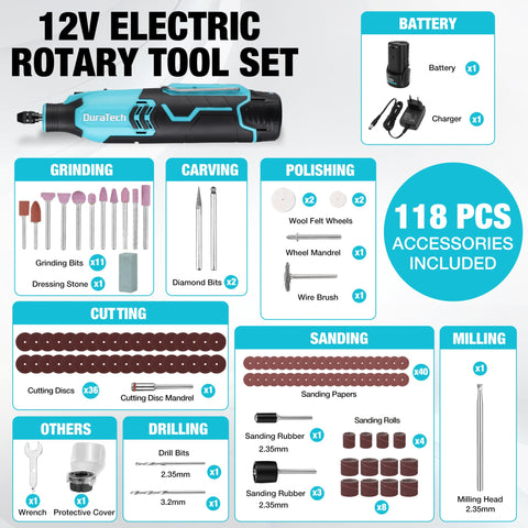DURATECH cordless rotary tool kit accessories layout displaying a comprehensive 118-piece set