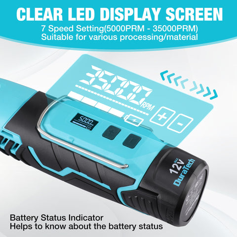 DURATECH cordless rotary tool kit LED display shows speed and battery at a glance