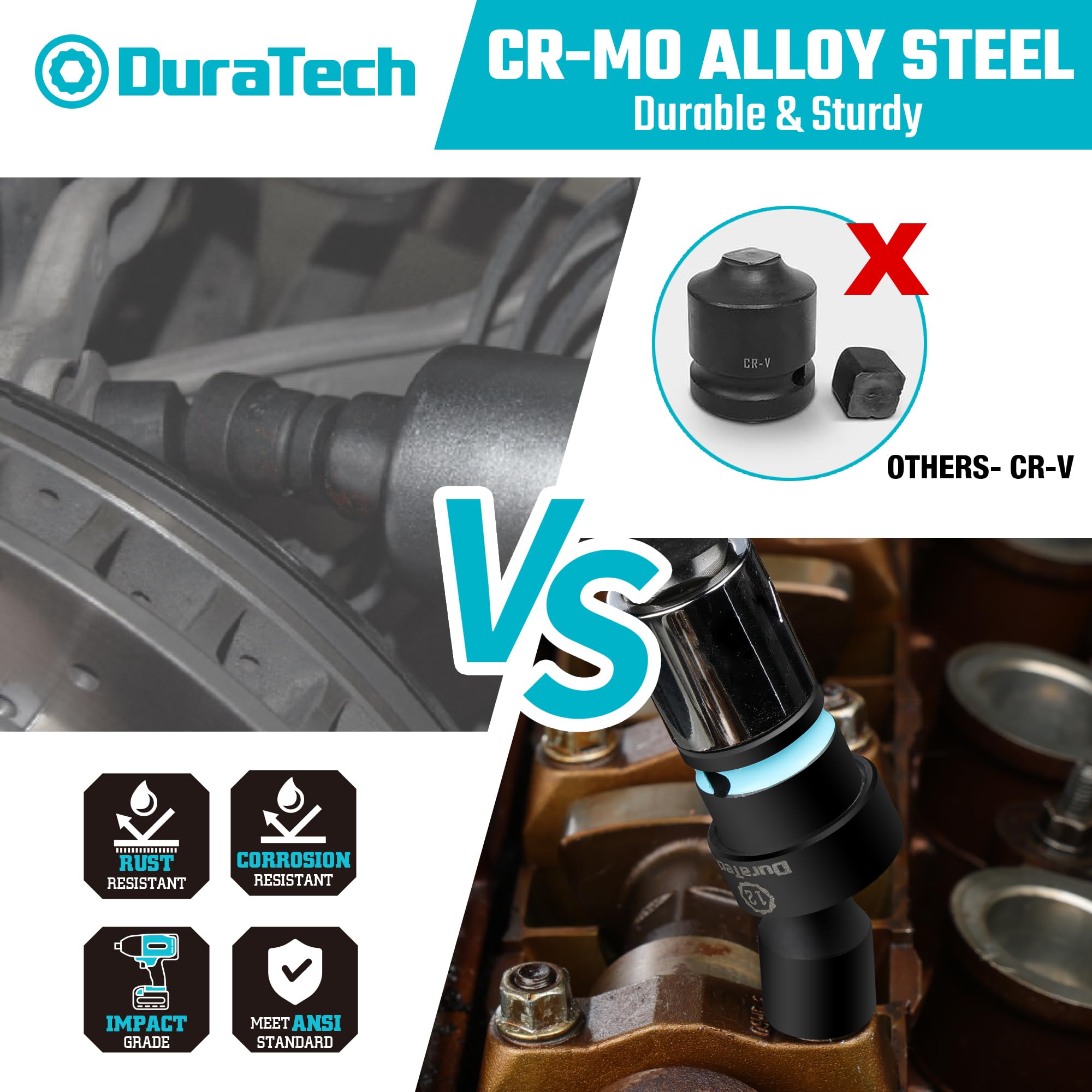 Duratech Cr-Mo steel sockets for high-torque durability.