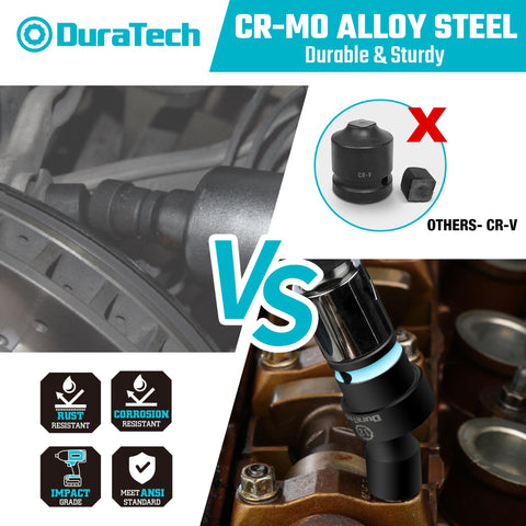 Duratech Cr-Mo steel sockets for high-torque durability.