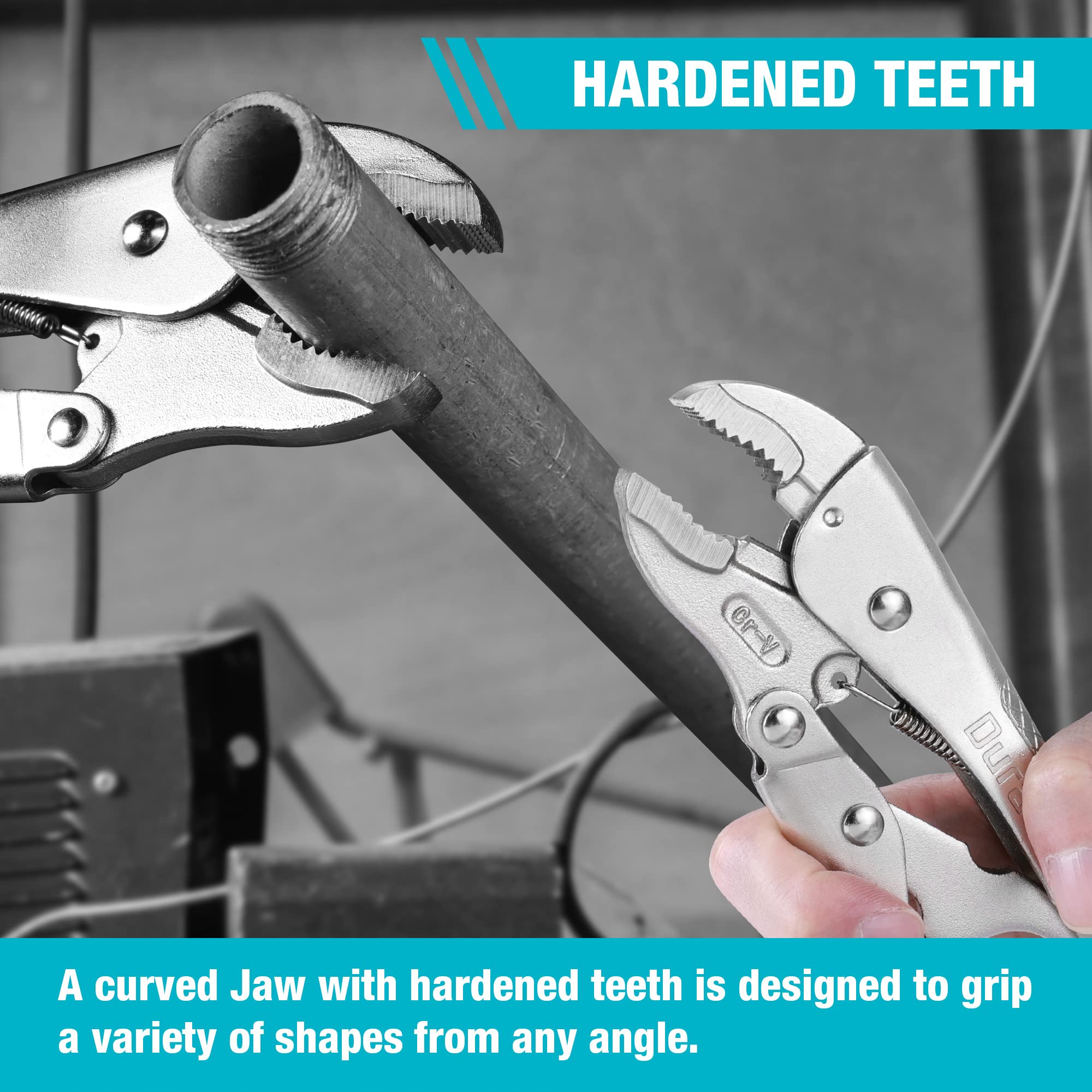 DURATECH curved jaw design clamps flat metal objects securely