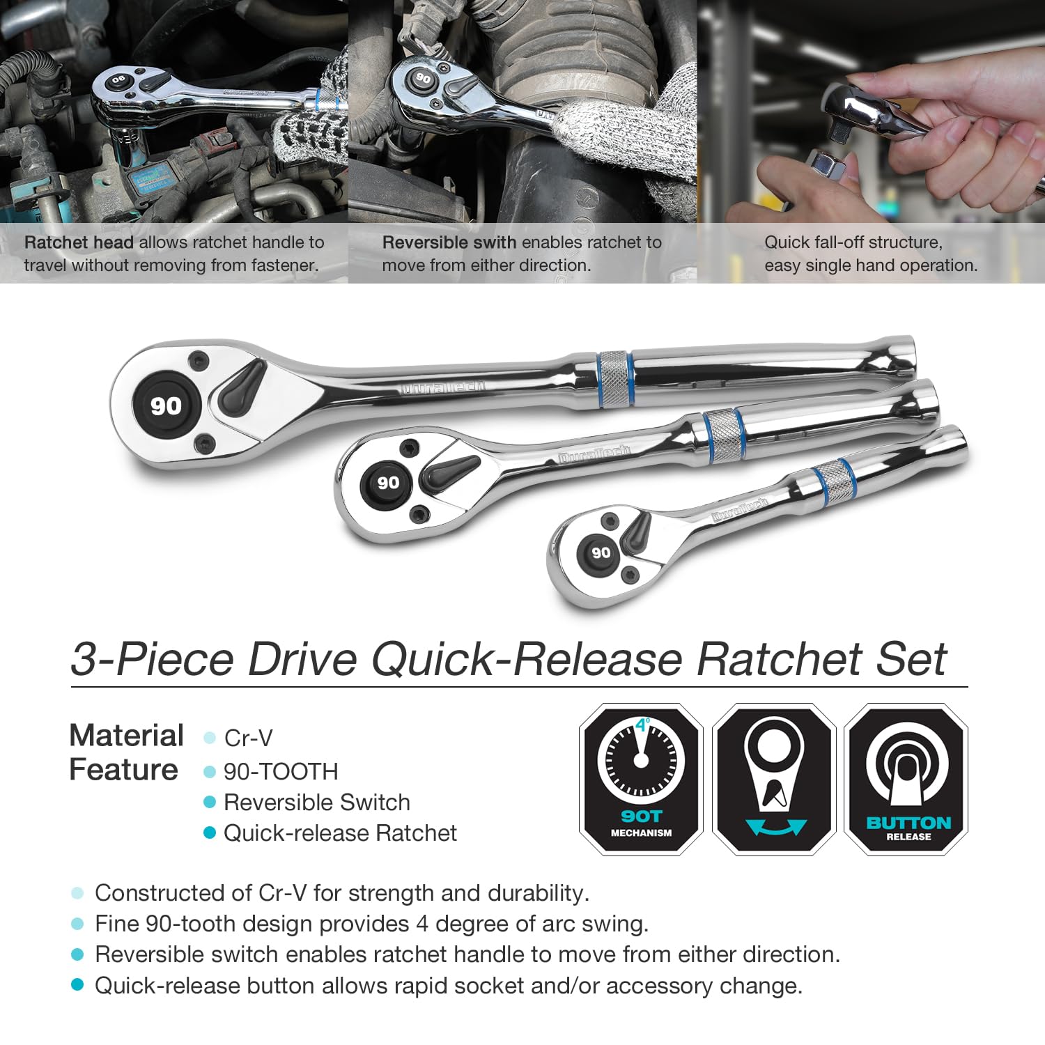 DURATECH 1/2-inch drive ratchet handles heavy fasteners with ease.