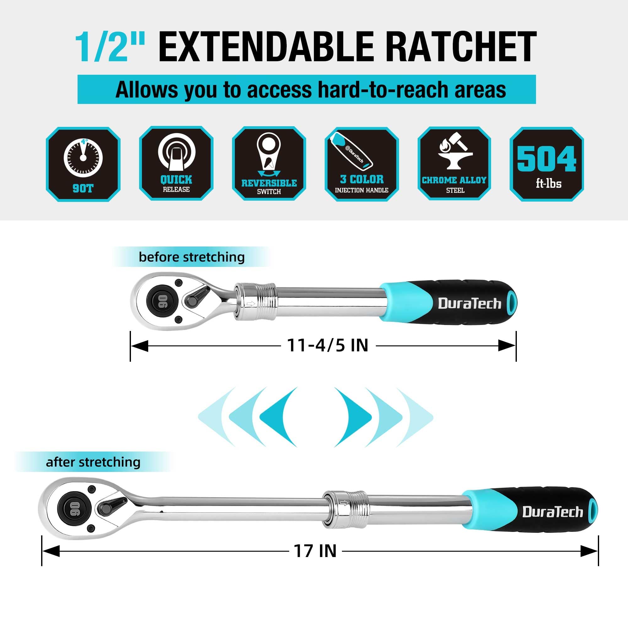 Duratech extendable ratchet length adjustment reaches recessed fasteners.