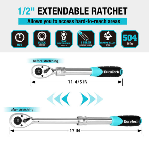 Duratech extendable ratchet length adjustment reaches recessed fasteners.