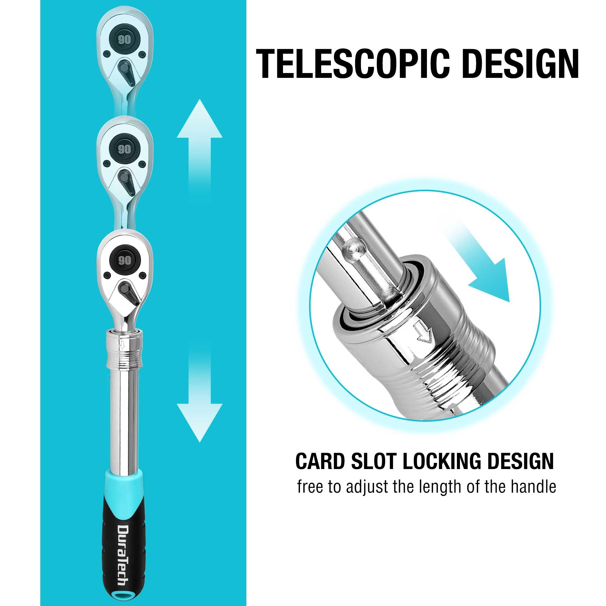 Duratech extendable ratchet locking shaft enables secure setup.