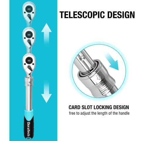 Duratech extendable ratchet locking shaft enables secure setup.