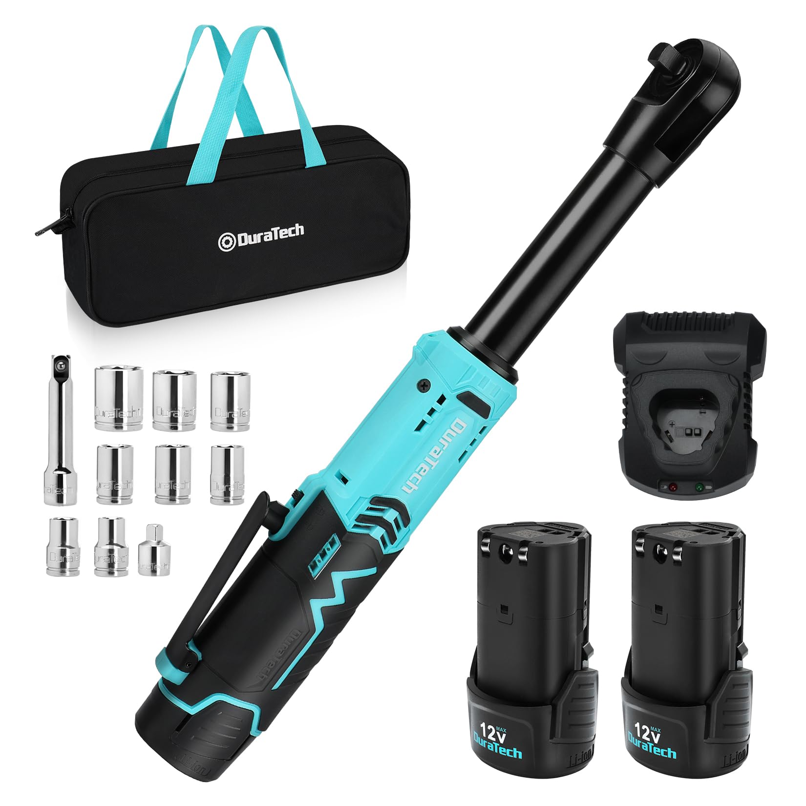 Duratech extended-neck cordless ratchet wrench reaching tight spaces for cars.