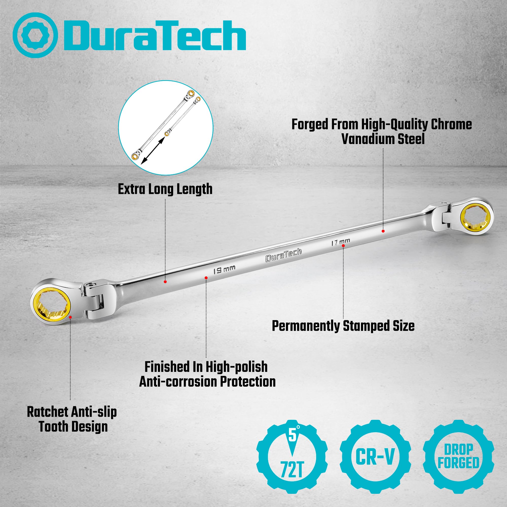 DURATECH 14-15mm wrench's 180-degree head lets you bypass obstacles