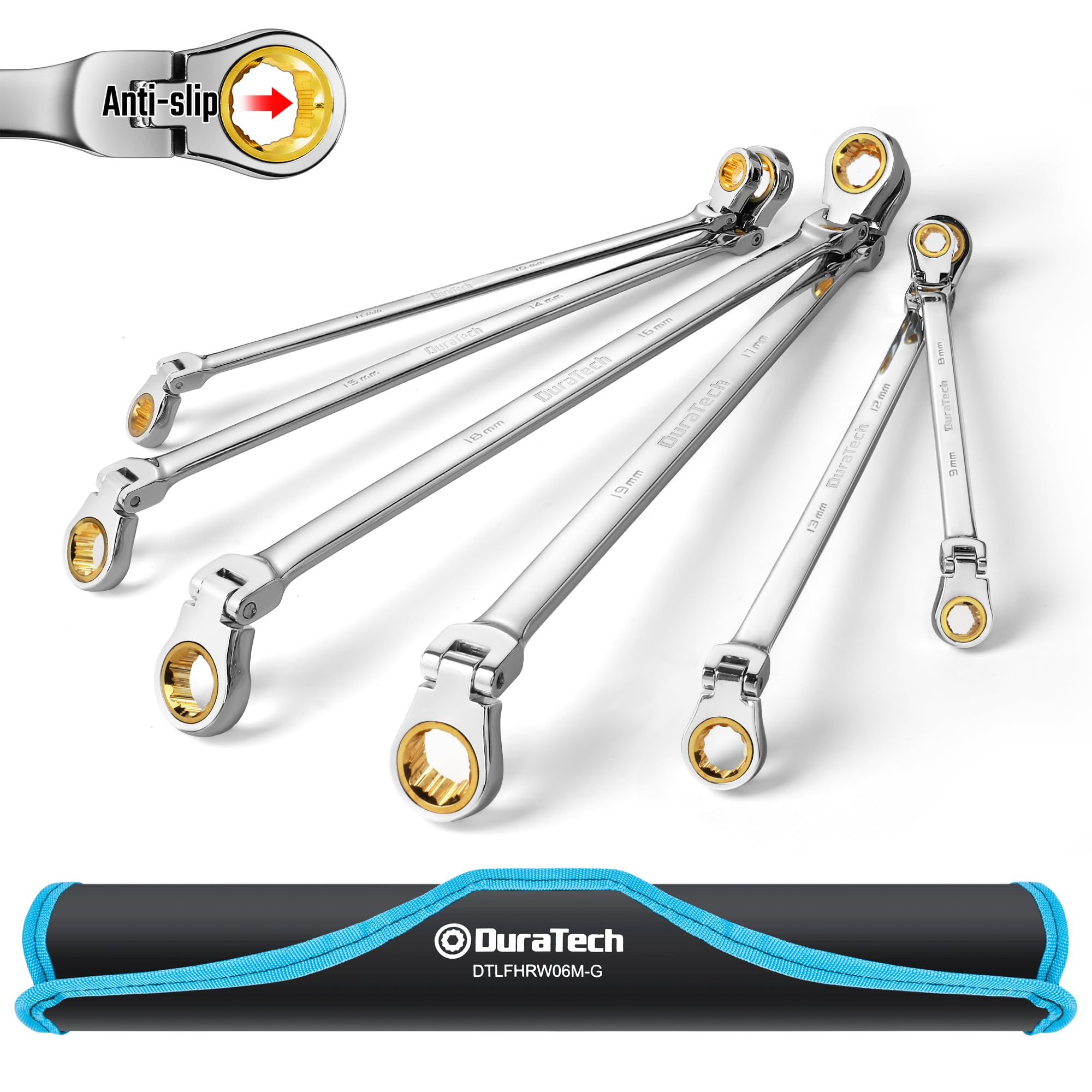 DURATECH extra-long anti-slip flex-head ratcheting wrench 8-9mm for tight spaces and grip