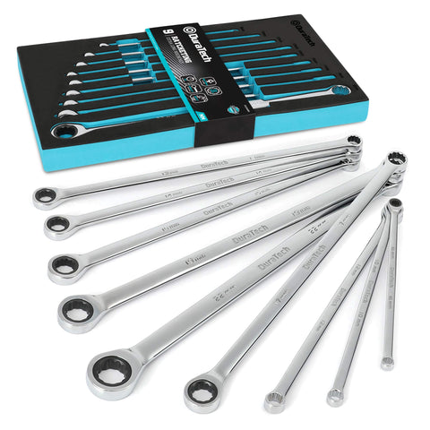 DURATECH extra-long ratcheting wrench set with EVA foam organizer for easy storage.