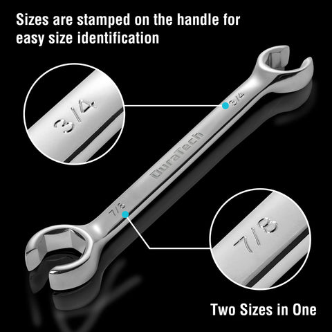 DURATECH flare nut wrenches with 15-degree offset reach tight areas.