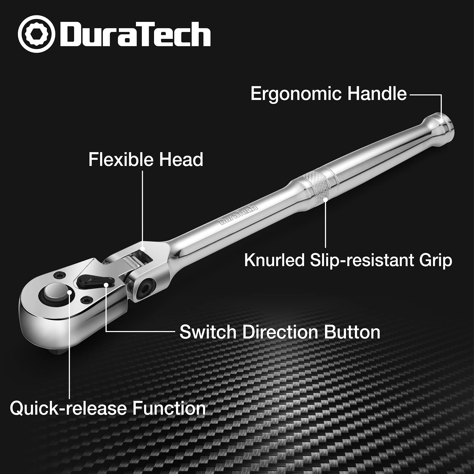 DURATECH flex-head ratchet 72-tooth design for precise torque in narrow spaces