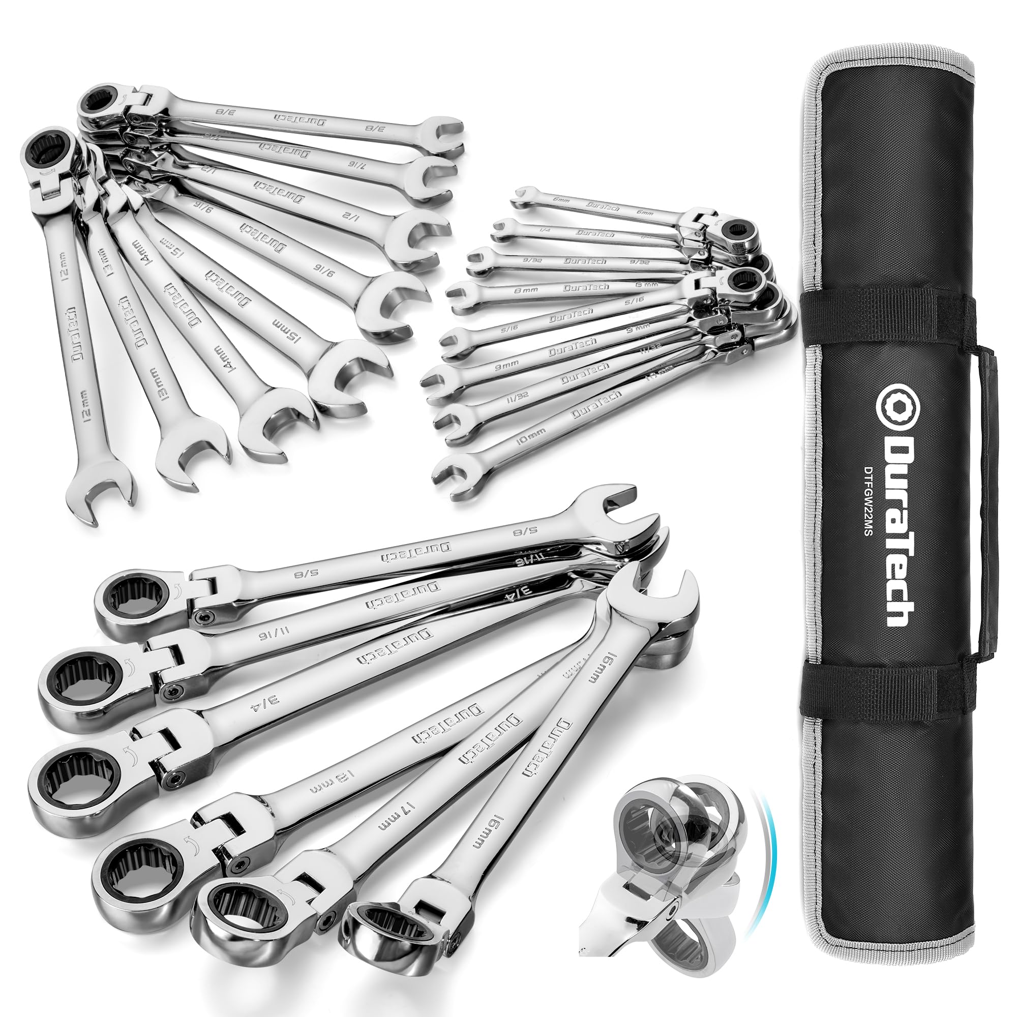 DURATECH flex-head ratcheting wrench set in roll-up pouch for portable organization