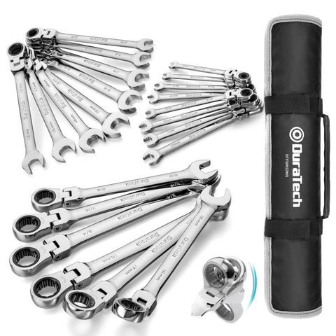 DURATECH flex-head ratcheting wrench set in roll-up pouch for portable organization