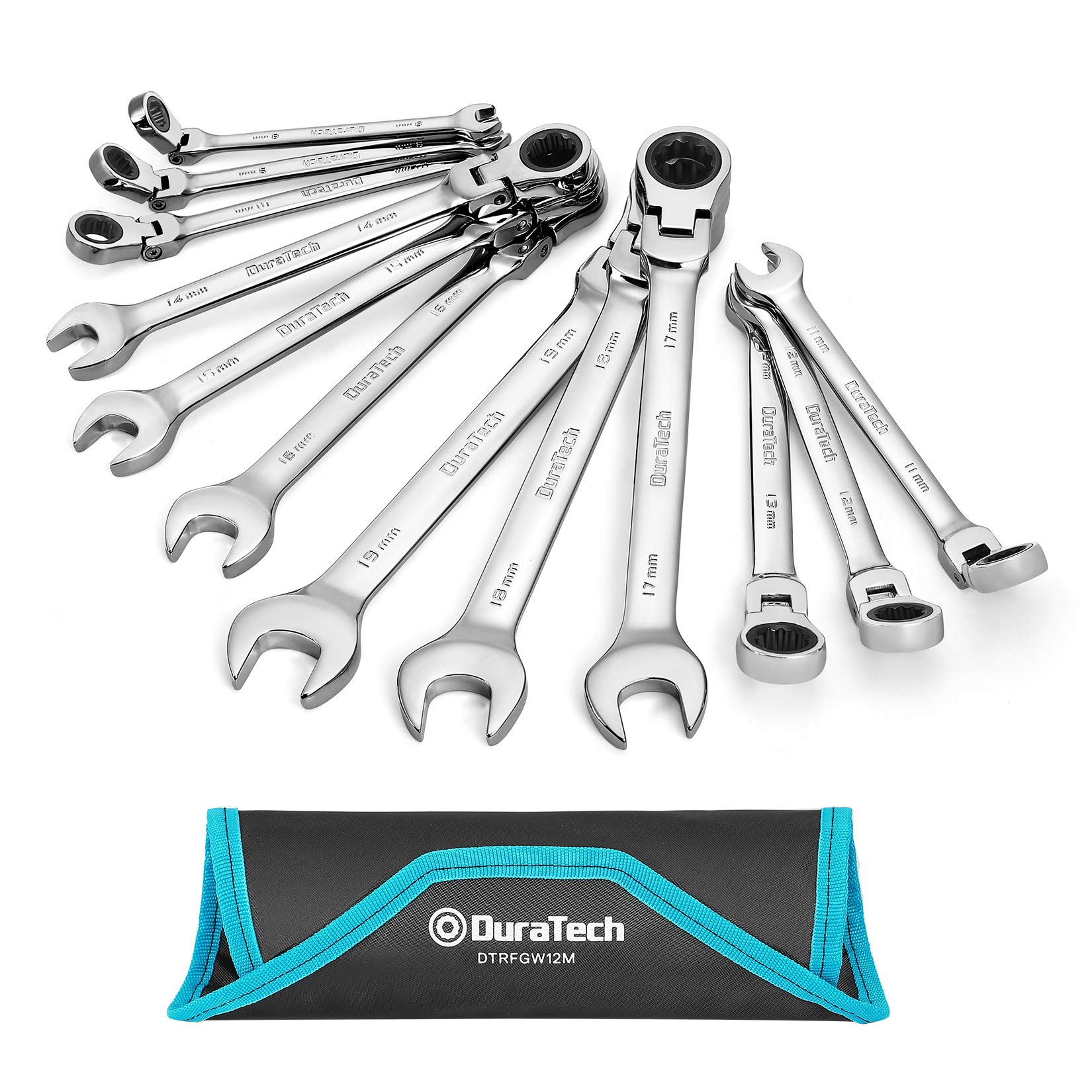 DURATECH Flex-Head wrench set in rolling pouch for portable workspace.