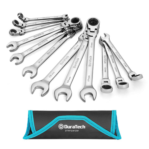 DURATECH Flex-Head wrench set in rolling pouch for portable workspace.