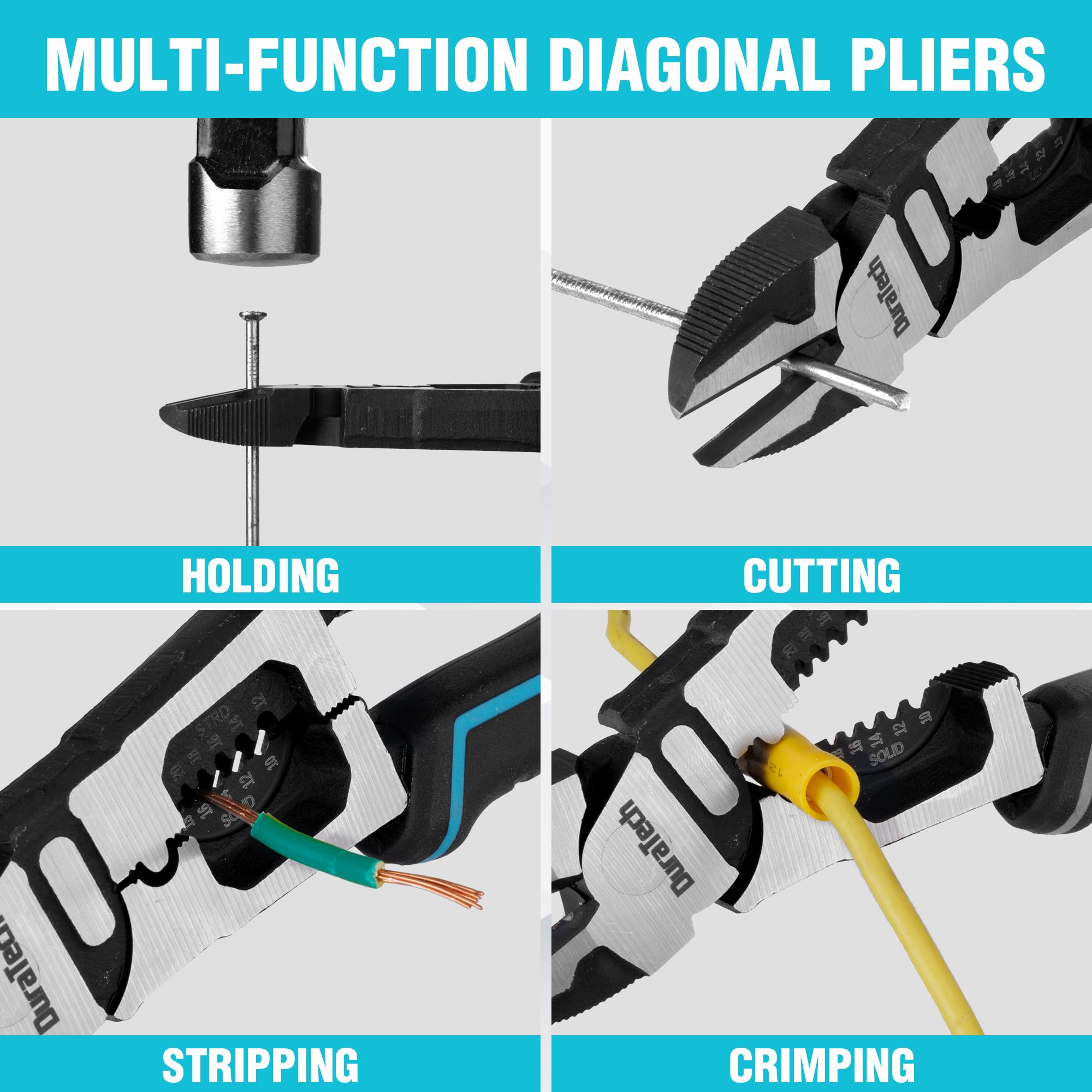 DURATECH heavy-duty side-cutting pliers tackle tough wire tasks reliably.