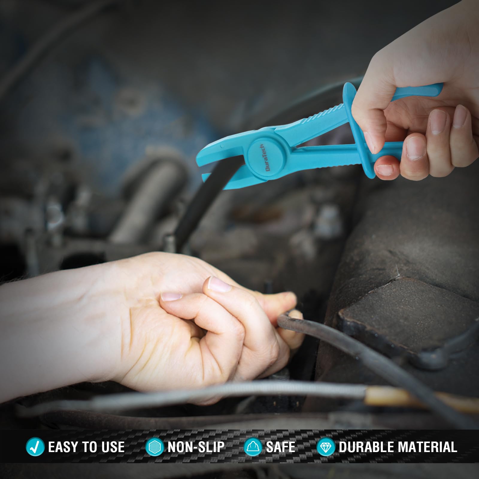 In-use shot with a brake line to illustrate mess-free clamping