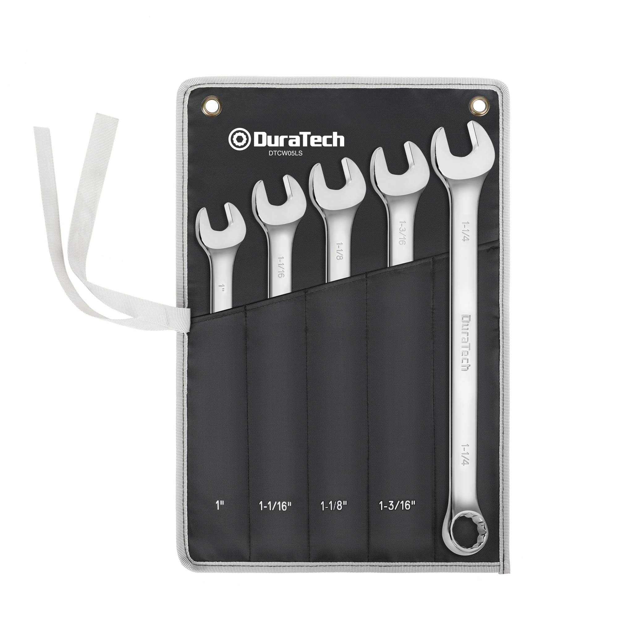 DURATECH long-pattern wrench set with rolled pouch for easy transport and storage.