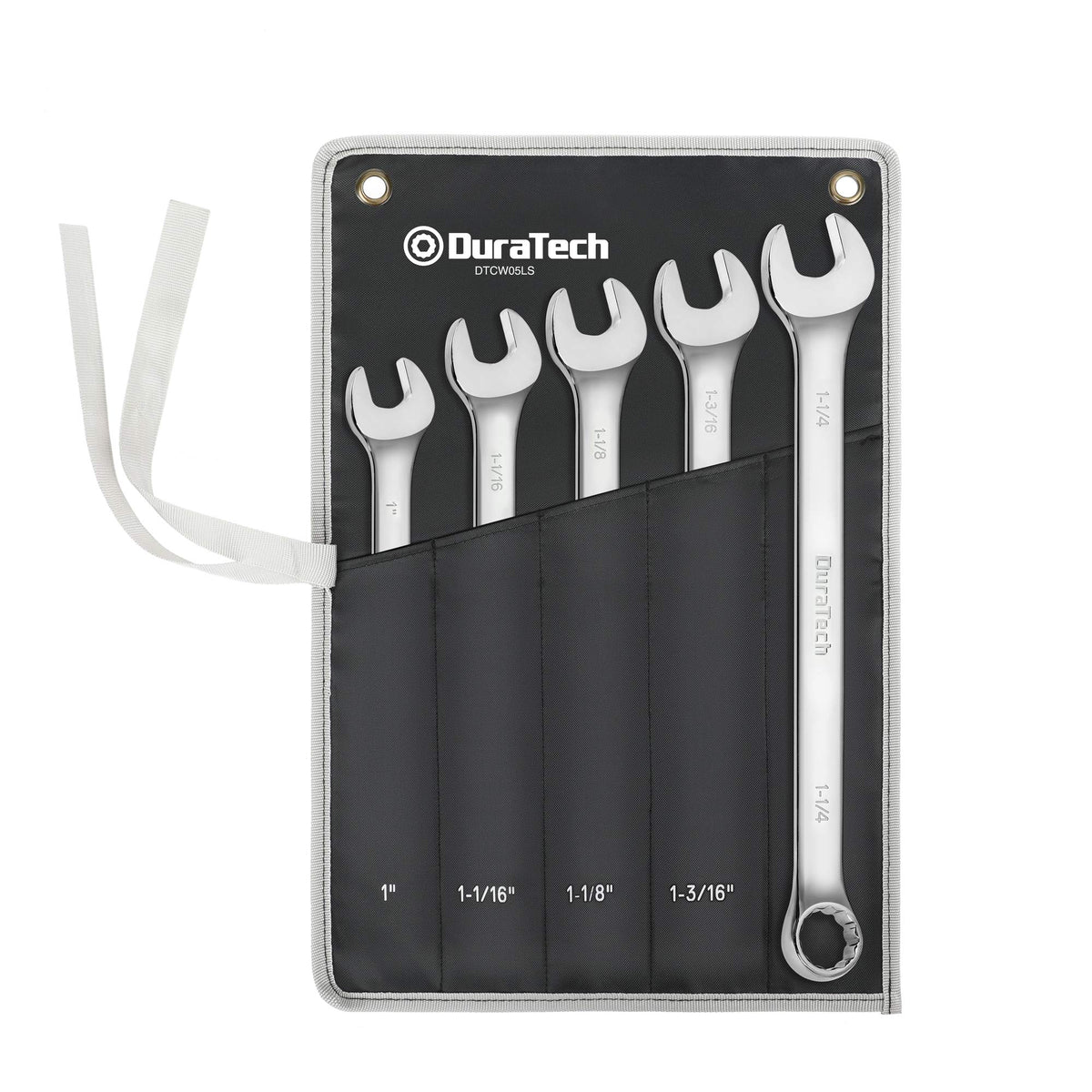 DURATECH long-pattern wrench set with rolled pouch for easy transport and storage.