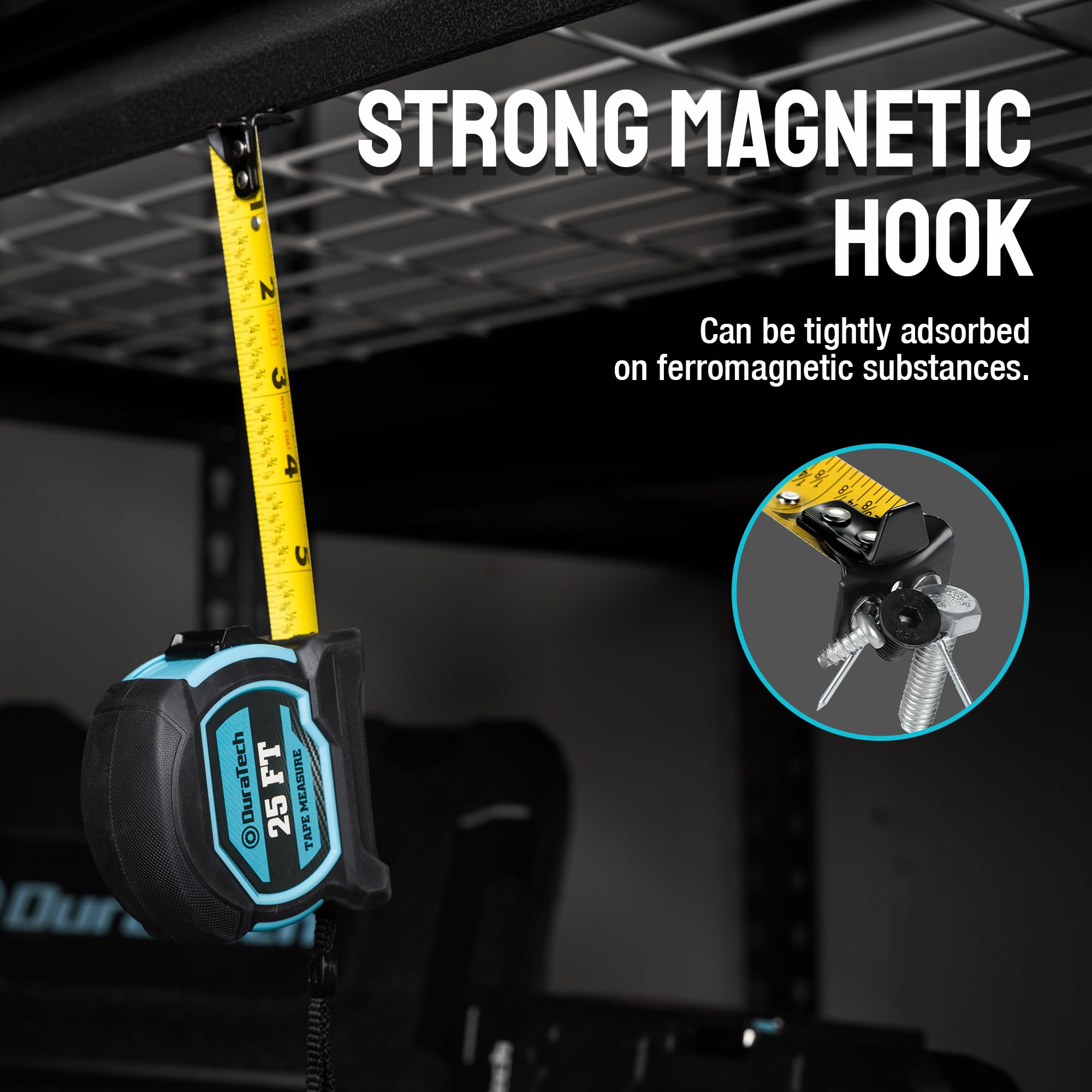 DURATECH magnetic hook end grips metal surfaces for hands-free work.