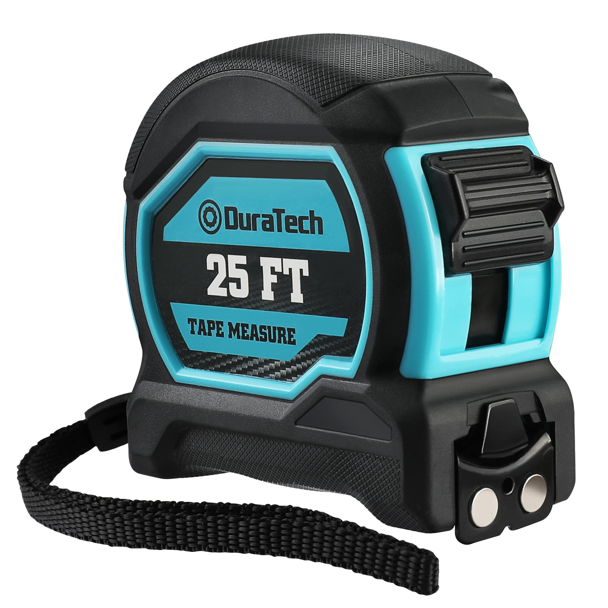 DURATECH magnetic tape measure 25ft with clear 1/8-inch fractions for quick readings.