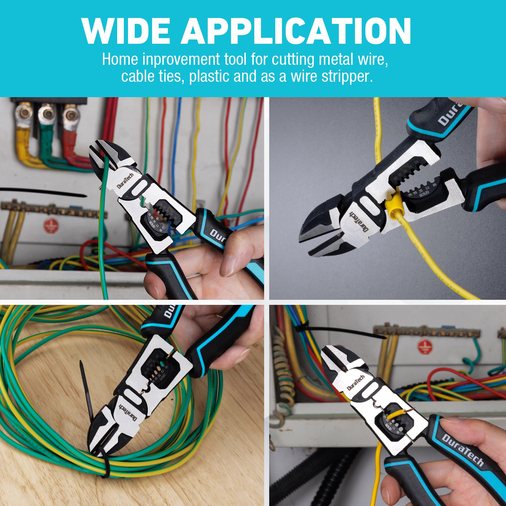 DURATECH multi-function pliers in action for diverse wiring tasks.