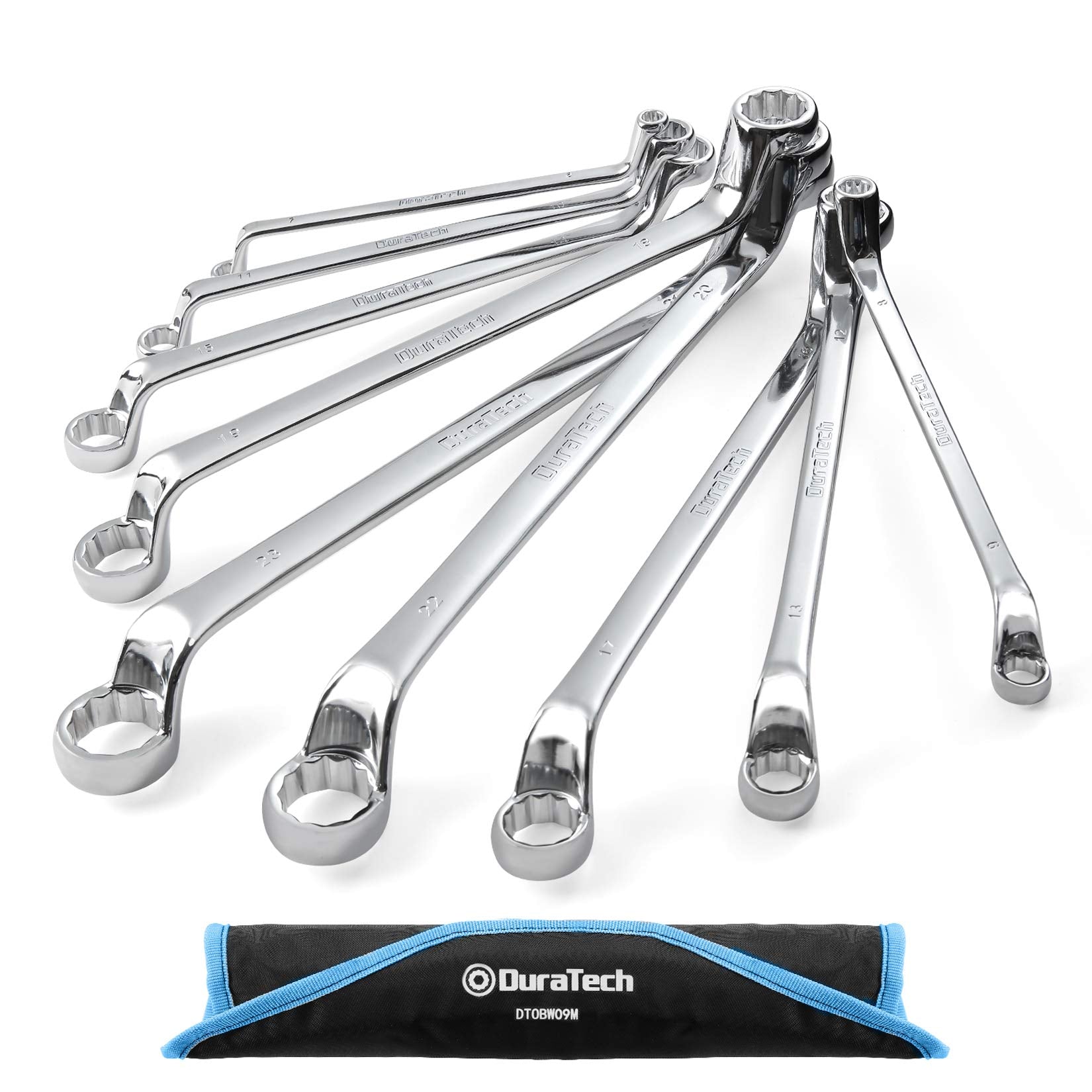 DURATECH offset box wrench set with metric sizes and 75-degree offset for tight spaces.