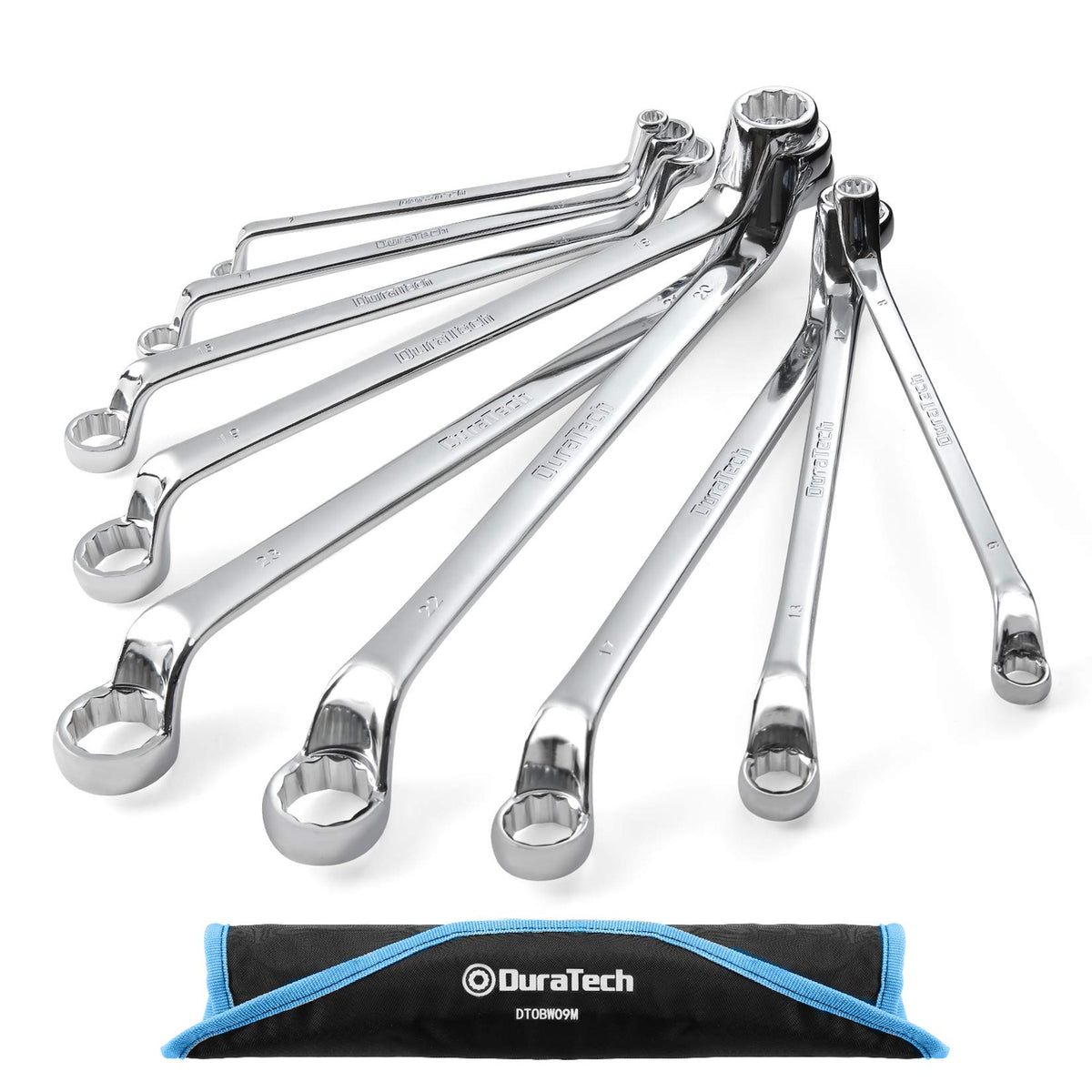 DURATECH offset box wrench set with metric sizes and 75-degree offset for tight spaces.