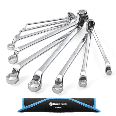 DURATECH offset box wrench set with metric sizes and 75-degree offset for tight spaces.