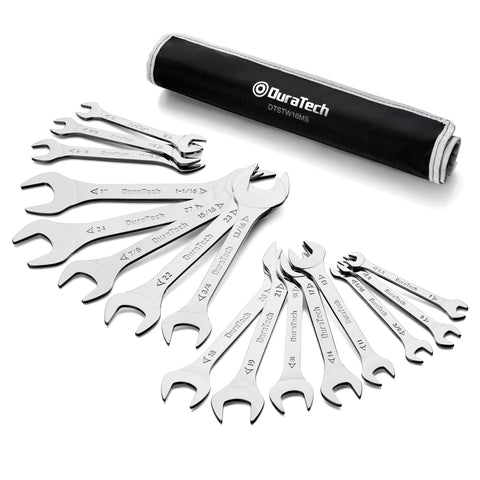 DURATECH open-end wrench set with rolling pouch for easy storage and on-the-go repairs.