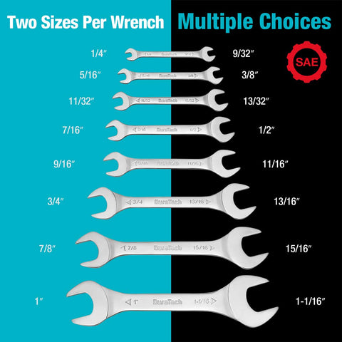 DURATECH open end wrenches shown side-by-side to reveal two-size-per-wrench design.