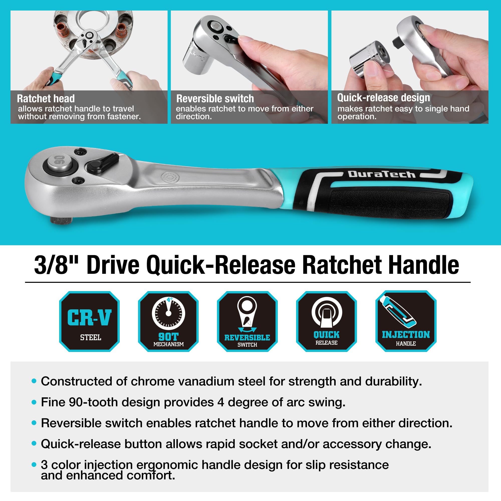 DURATECH professional toolbox-ready ratchet with efficient quick-change design
