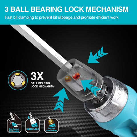 Quick-load mechanism locks bits securely for one-handed operation
