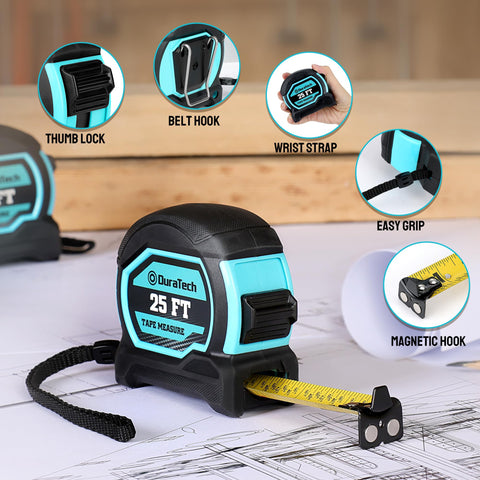 DURATECH retractable tape shows precise locking for accurate outdoor measurements.