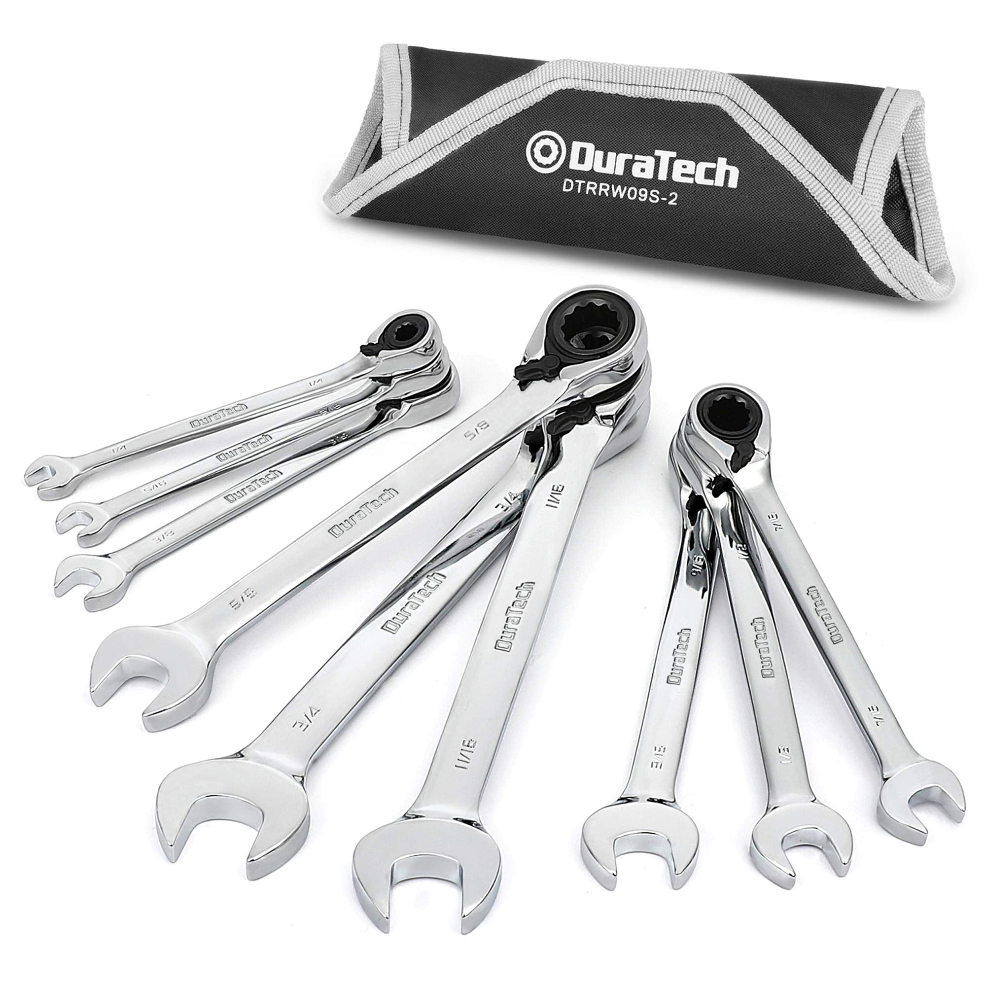 DURATECH reversible ratcheting wrench set in action with 1/4 to 3/4 inch openings for fast fixes